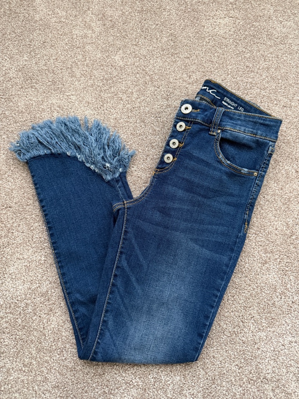 INC International Concepts Dark Blue Straight Leg Jeans with Frayed Hem